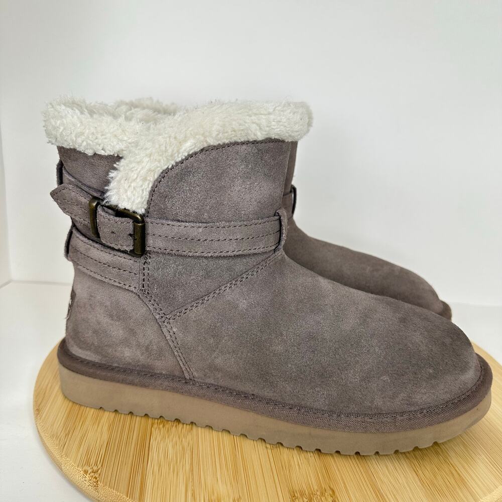 Koolaburra UGG Suede Delene Mini Buckled Booties 1121503 Sherpa Gray Size 7